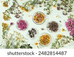 Collection of useful herbs for treatment according to folk recipes.medicinal herbal tea. of wild medicinal herbs , tea from Hypericum, oregano, fireweed, mint, celandine, chamomile and yarrow