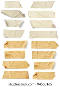 collection of  various adhesive tape pieces on  white background. each one is shot separately