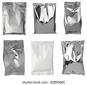 collection of various aluminum bags on white background. each one is shot separately
