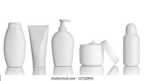 collection of  various beauty hygiene containers on white background. each one is shot separately