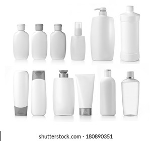 collection of various beauty hygiene containers on white background. each one is shot separately