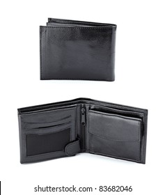 collection of various black leather wallets on white background