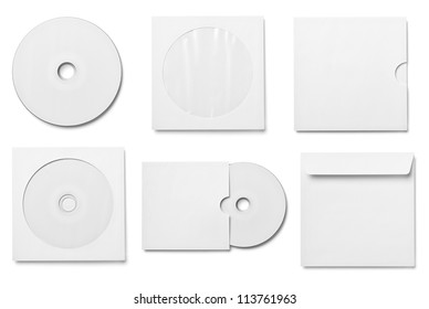 collection of various  blank white dvd and envelope on white background. each one is shot separately