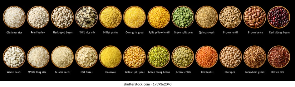 Collection of various cereals and legumes: rice,peas, lentils, beans haricot millet buckwheat chickpea isolated on black.