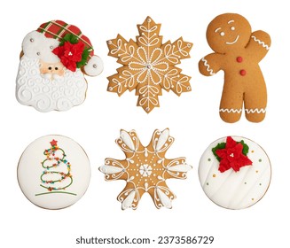 Collection of various colorful Christmas cookies isolated on white background