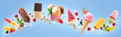 Collection Of Various Delicious Ice Cream. Lolly Ice, Cones With Different Topping, Fruit, Chocolate And Vanilla Icecream On Blue Sky Background