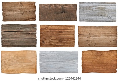 collection of various  empty wooden sign on white background. each one is shot separately