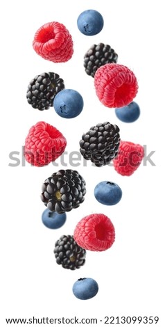 Collection of various falling fresh ripe wild berries isolated on white background. Raspberry, blackberry and blueberry. Vertical composition
