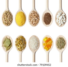 collection of various food ingredients in wooden spoon on white background. each one is shot separately - Powered by Shutterstock