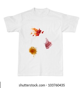 Collection Of Various Food Stains From Ketchup, Coffee And Wine On White T Shirt