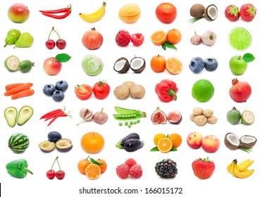 Collection of various fruits and vegetables isolated on white background - Shutterstock ID 166015172