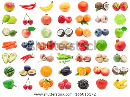 Collection of various fruits and vegetables isolated on white background