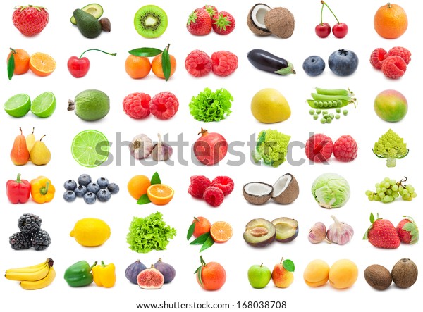 白い背景に各種の果物と野菜のコレクション の写真素材 今すぐ編集