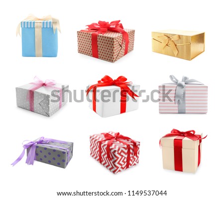 Collection of various gift boxes on white background