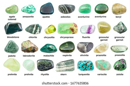 collection of various green gemstones with names (chlorite, malachite, prehnite, chrysoprase, skarn, aventurine, grossular, prasiolite, apatite, turquenite, jade, labradorite, etc) isolated on white - Shutterstock ID 1677635806