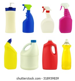 Collection Of Various Household Cleaning Products, Isolated On White Background. 