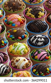 Collection Of Various Ice Cream, Vanilla, Chocolate, And Strawberry With Various Topping, Such As Cookie, Oreo, Chocolate Candy, Cereal With Caramel, Melon And Chocolate Topping