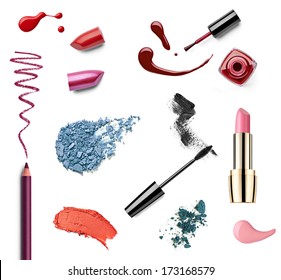 Collection Of Various Make Up On White Background. Each One Is Shot Separately