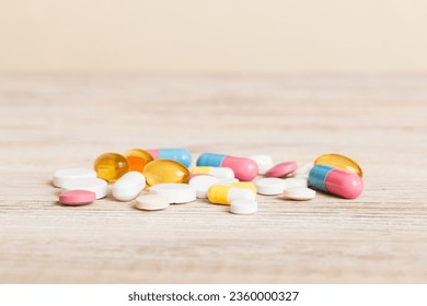 Collection Of Various Medical Tablets And Pills. Assorted pharmaceutical medicine pills, tablets and capsules on table background. Heap of assorted various medicine tablets. Health care. - Shutterstock ID 2360000327