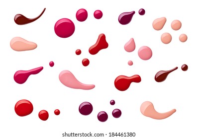 collection of various nail polish bottle and drop on white background. each one is shot separately