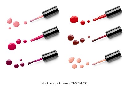 collection of various nail polish bottle and drop on white background. each one is shot separately