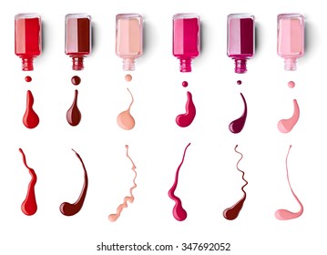 collection of various nail polish bottle and drop on white background. each one is shotseparately