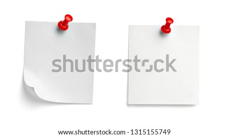 collection of  various note paper with a push pin on white background