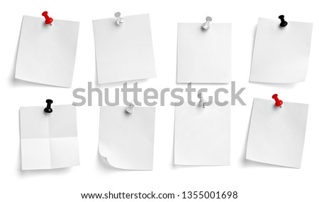 collection of  various note paper with a push pin on white background