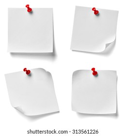 collection of various note paper with a red push pin on white background. each one is shot separately