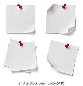 collection of various note paper with a red push pin on white background. each one is shot separately