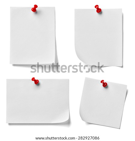 collection of various note paper with a red push pin on white background. each one is shot separately
