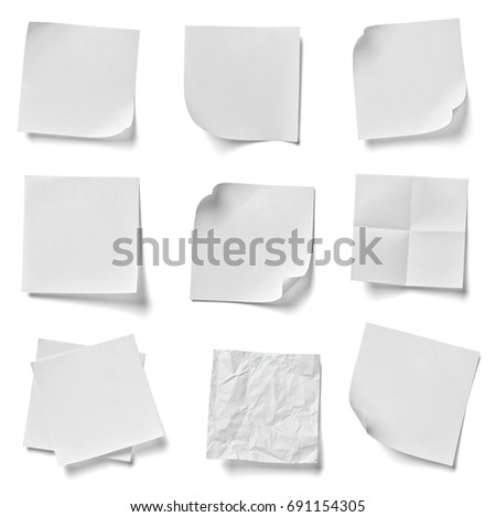 collection of  various note papers on white background. each one is shot separately