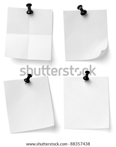 collection of various note papers with push pins on white background. each one is shot separately