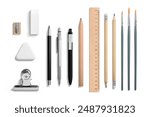 Collection of various pens, pencils, mechanical pencils, brushes, erasers, paper clip and ruler isolated on a white background. High resolution. 