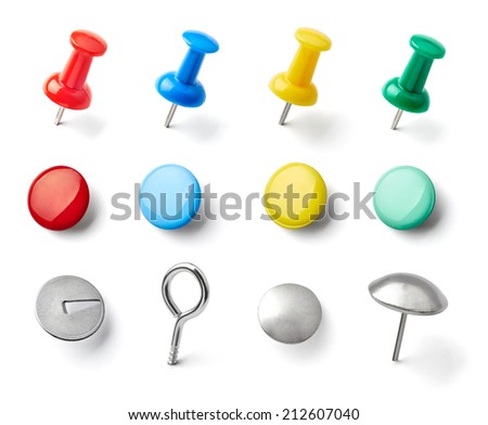 collection of various pushpins on white background. each one is shot separately