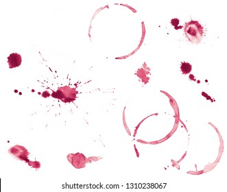 Collection of various red wine ring stains and splatters isolated on white.