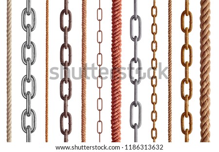 collection of  various rope and chain on white background. each one is shot separately