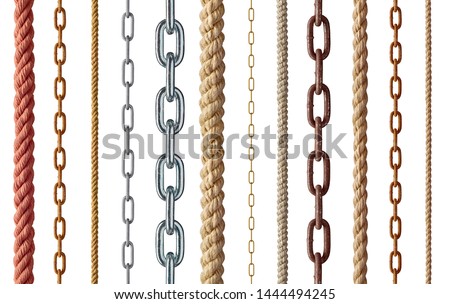 collection of  various rope and chain on white background. each one is shot separately