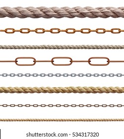 collection of various ropes string on white background. each one is shot separately