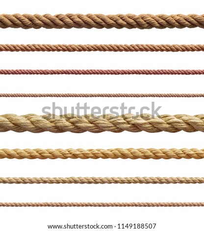 collection of  various ropes string on white background. each one is shot separately