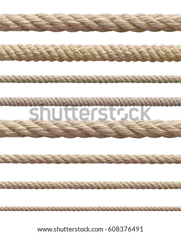 collection of  various ropes string on white background. each one is shot separately