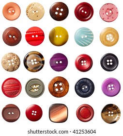 Collection Of Various Sewing Button On White Background. Each On Is Shot Separately