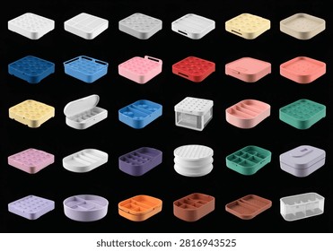 A collection of various small compartmentalized containers in bright hues perfect for jewelry or craft supply organization. Ideal for e-commerce product displays.