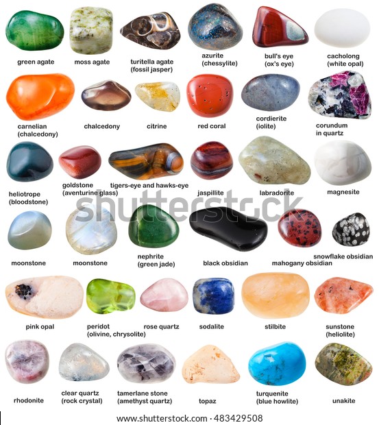 Collection Various Tumbled Gemstones Names Isolated Stock Photo (Edit ...