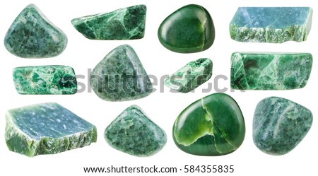 collection of various tumbled green jade mineral stones (nephrite and jadeite) isolated on white background