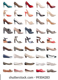 Collection of various types of female shoes over white