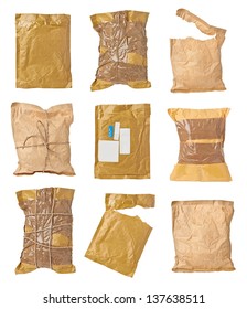 Collection Of Various Used Open Mail Package On White Background. Each One Is Shot Separately