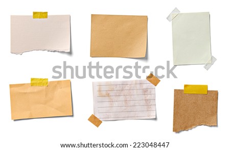collection of  various vintage note papers on white background. each one is shot separately