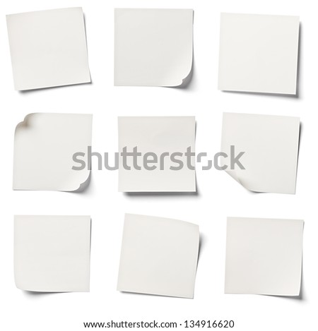 collection of  various white note papers on white background. each one is shot separately