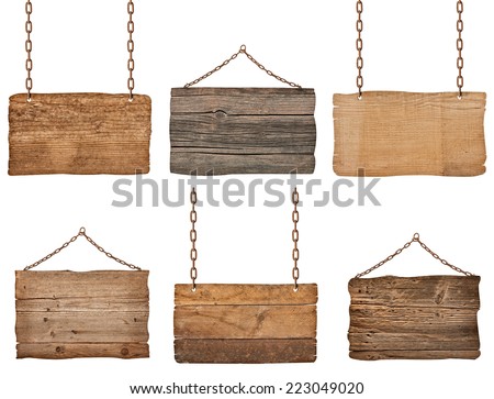 collection of  various wooden signs with chain on white background. each one is shot separately